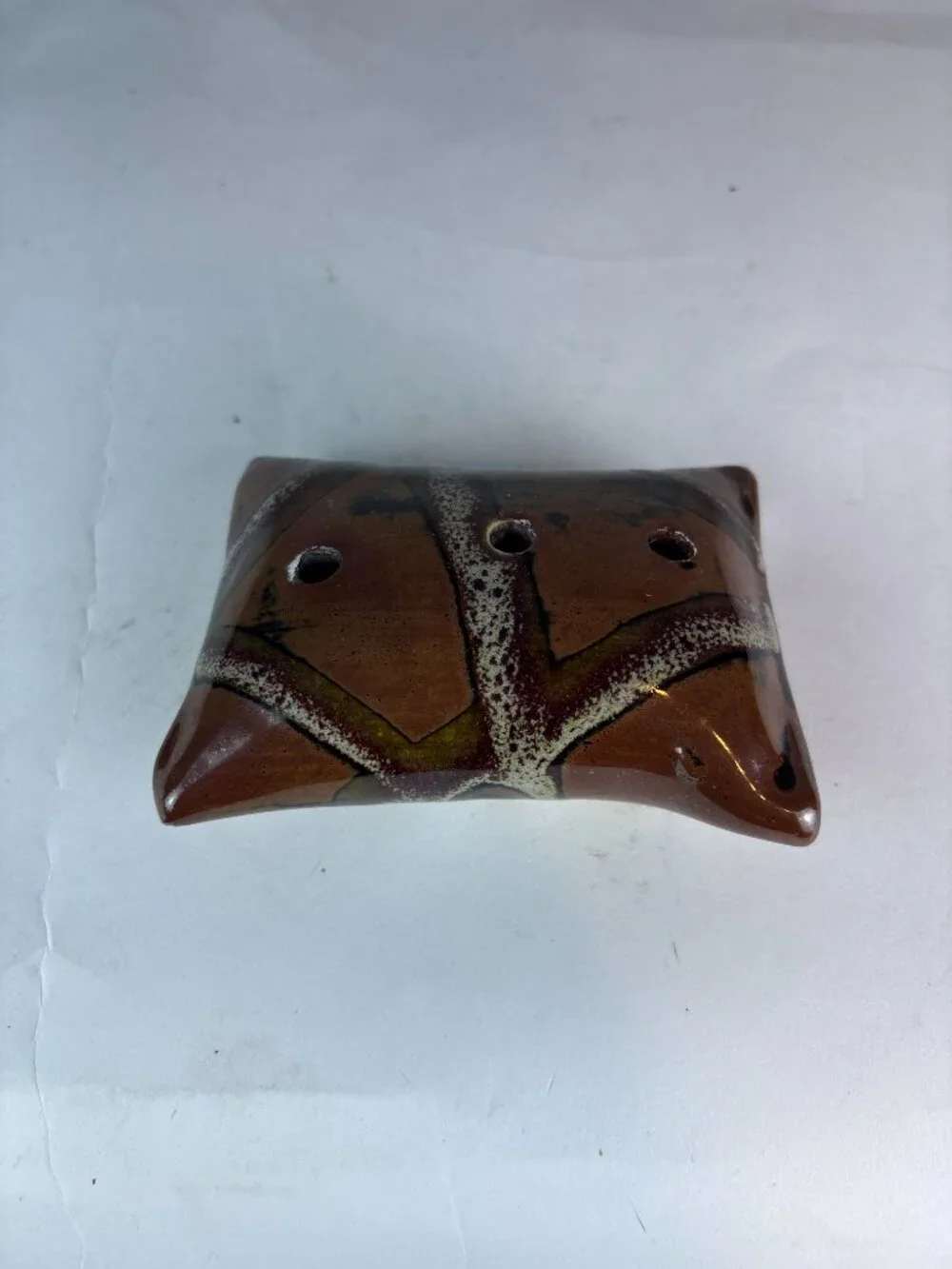 Vintage Studio Pottery Flower Frog Vase, Abstract Tree Design, Three Hole Ikeban